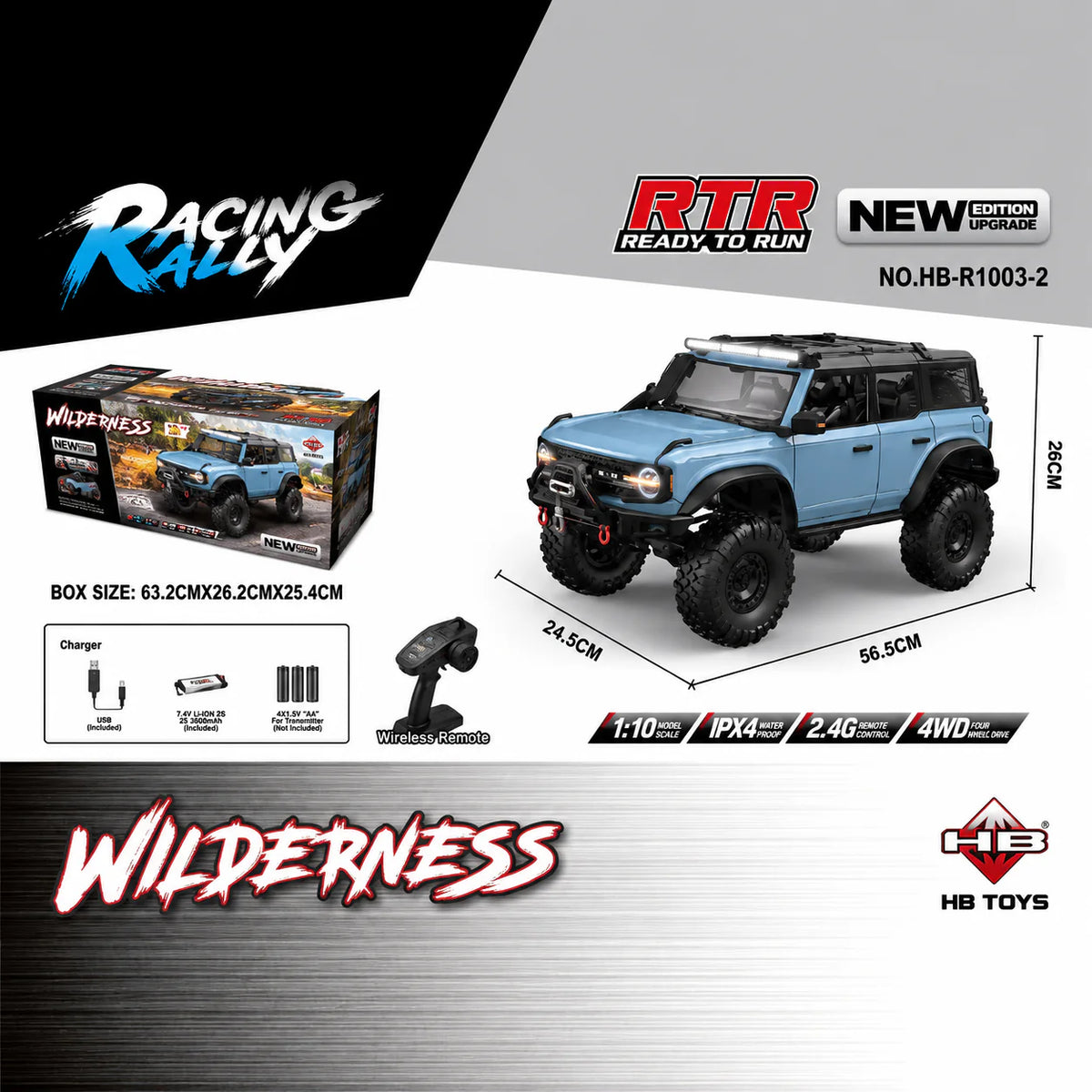 HB Toys R1003-2 Blue 1:10 Ford bronco Upgraded version RC rock crawler
